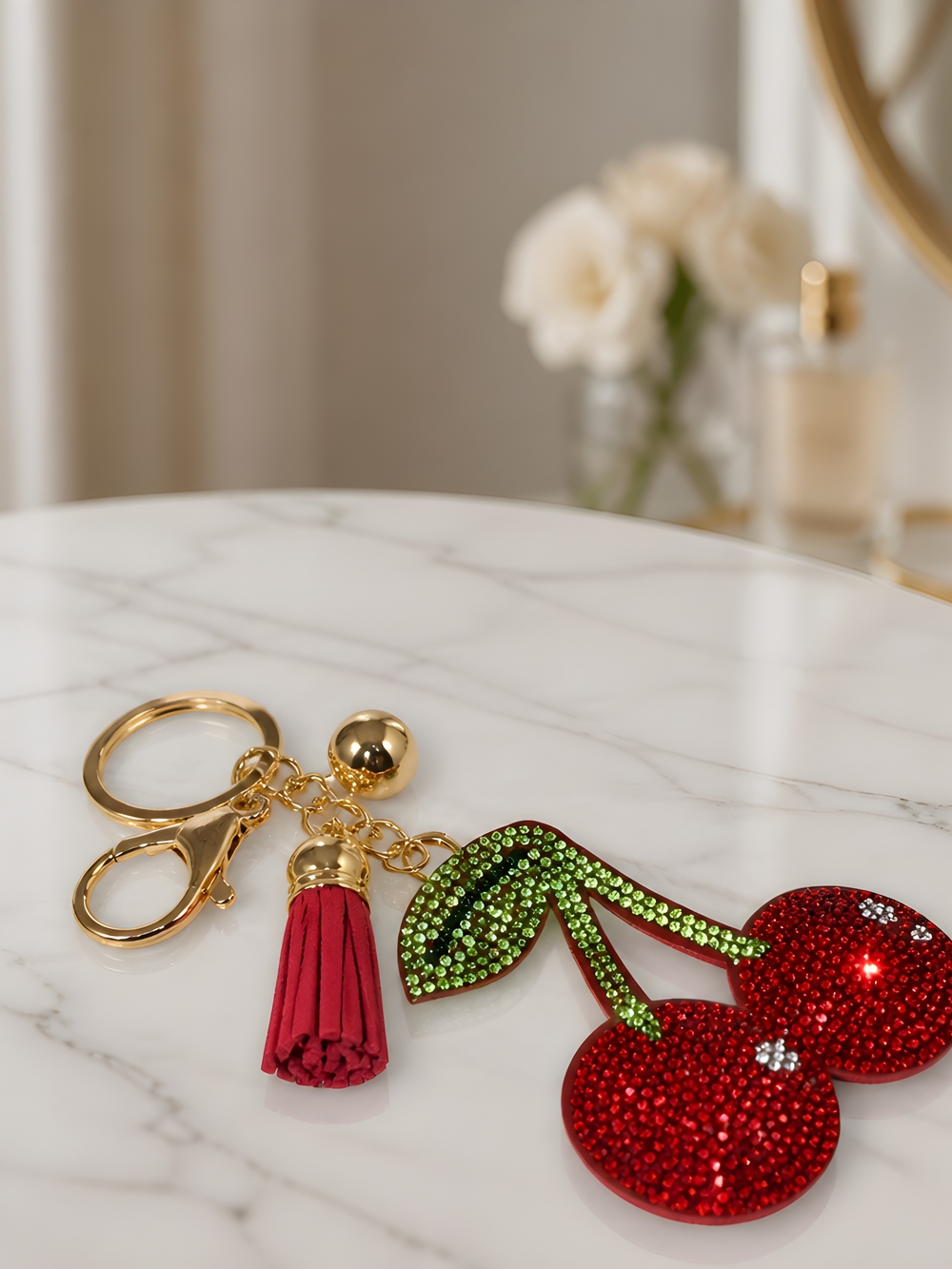 Red Crystal Cherry Key Chain/Bag Charm w/Tasssel - Picture 1 of 7